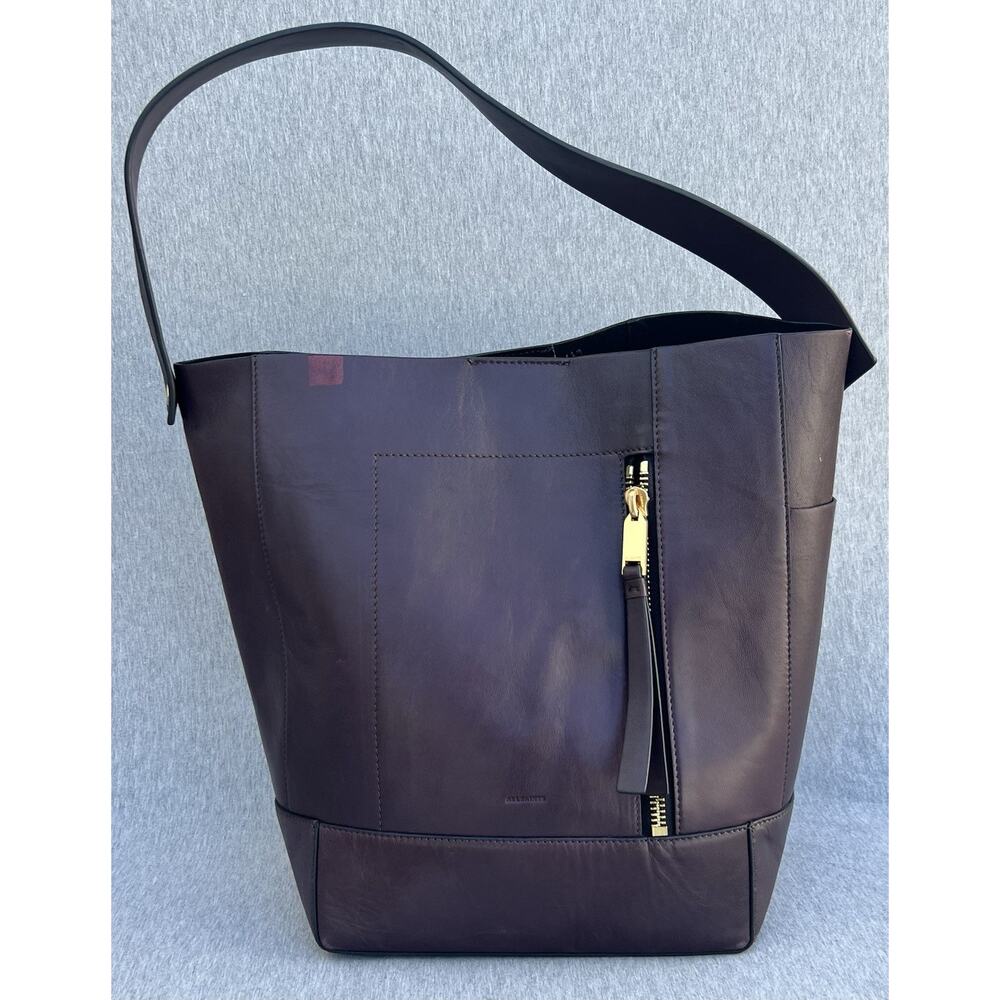 AllSaints Alba Large Lamb Leather Bucket Style Hobo Bag Burgundy